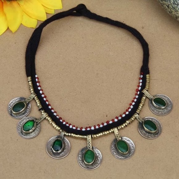 Afghan Stone Embedded Coins Necklace, Afghan Choker Necklace, Vintage Tribal - Picture 4 of 6